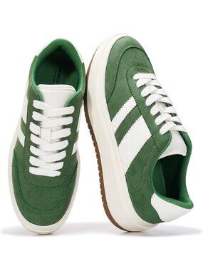 Women's Green Footwear Lace-up Shoes Durable Casual Platform Sneakers